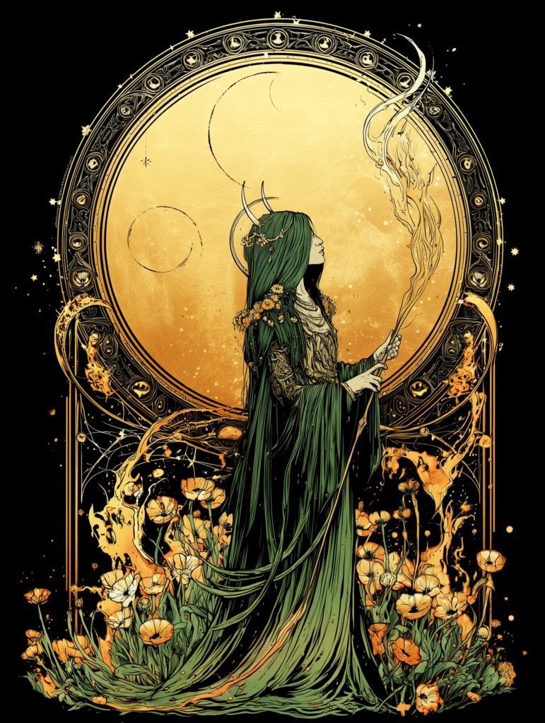 Art Nouveau-style illustration of a mystical woman in a flowing green robe, crowned with antlers and adorned with golden flowers. She stands in front of a radiant golden circle, holding a flame-tipped staff. Fiery tendrils rise around her as orange poppies bloom at her feet, creating a powerful, sacred atmosphere.
