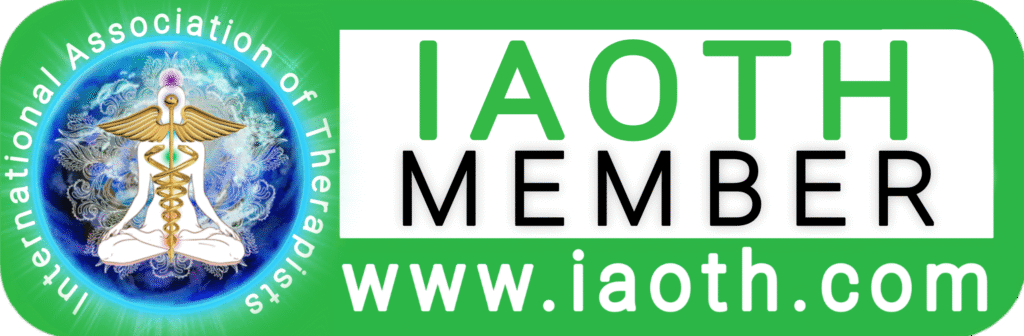 Member badge for the International Association of Therapists (IAOTH), featuring a stylized image of a meditating figure with golden wings and a caduceus, set against a cosmic blue background with a bright green border and the website www.iaoth.com