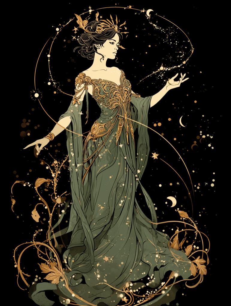 An elegant priestess adorned in a crown of feathers and stars gestures toward the night sky. Her flowing gown and celestial surroundings radiate wisdom, sovereignty, and intuitive magic.