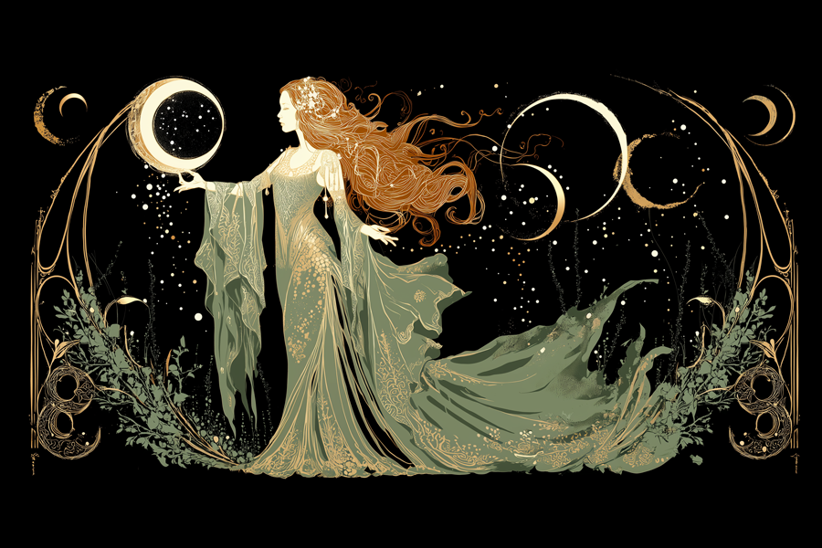 Art Nouveau-style goddess in flowing sage green robes, standing before a crescent moon with cascading golden stars and celestial detailing, evoking divine feminine energy, mysticism, and sacred empowerment; designed as a banner for Parlour of Stars.
