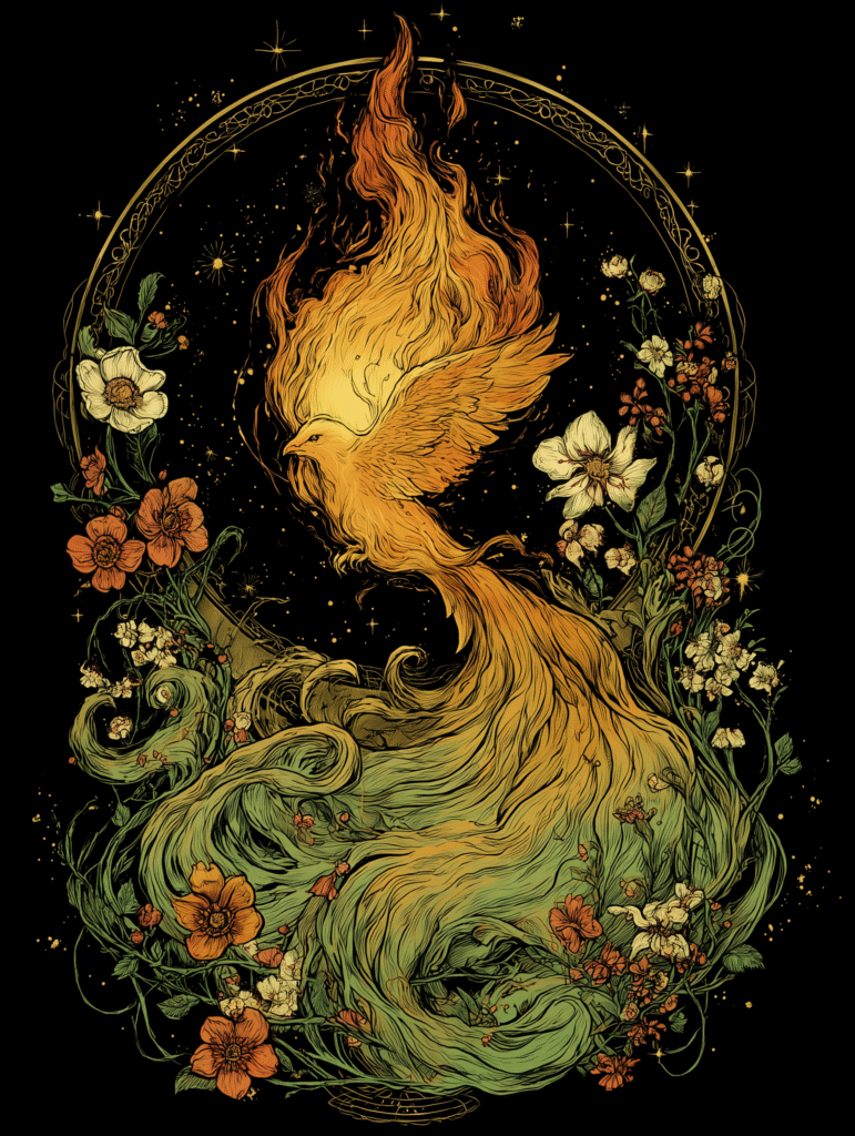 An ethereal bird made of golden flames rises in flight, its wings outstretched and merging with a swirling column of fire. Delicate wildflowers and curling green vines surround the scene, framed by an ornate circular border against a starry black background. The image evokes transformation, rebirth, and the sacred energy of alchemy.
