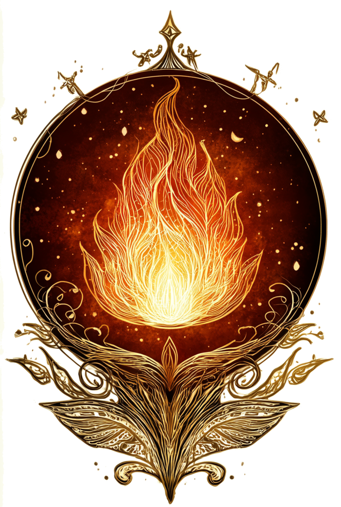 Ornate Art Nouveau-style emblem featuring a luminous golden flame rising within a deep ember-red circle, framed by swirling golden vines and floral motifs; evokes spiritual transformation, sacred fire, and inner alchemy.