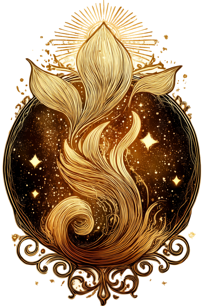Stylized golden flame rising in layered arcs, crowned with a radiant sunburst. Framed by ornamental swirls and tiny starbursts — a symbol of inner fire, clarity, and purposeful tending.