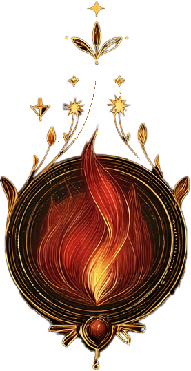 Mystical Art Nouveau-style emblem featuring a central flame encircled by golden rings, with radiant red and orange fire rising upward, surrounded by blooming buds, stars, and floral flourishes in gold; evoking sacred ritual and elemental power.