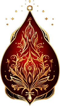 Ornamental glyph with a glowing red flame wrapped in botanical golden lines, evoking heart-centered energy, sacred devotion, and transformation through presence.