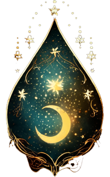 Celestial glyph featuring a golden crescent moon surrounded by starbursts and floral detailing; represents reflection, inner knowing, and gentle lunar guidance.