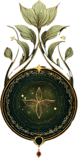 Art Nouveau-inspired mystical emblem featuring a golden circular design with a central four-petaled star or flower, surrounded by celestial rings, delicate vine-like flourishes, and blooming flowers rising above; rich gold and sage tones on a dark, ethereal background.