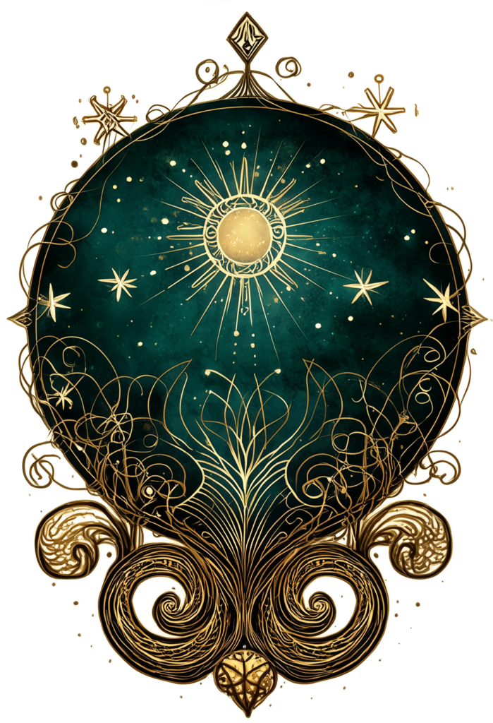 Art Nouveau-style celestial emblem featuring a radiant golden sun at the center of a deep teal circular sky, surrounded by luminous stars and framed with ornate golden swirls, filigree, and botanical motifs. The design evokes a sense of cosmic elegance and mystical illumination.