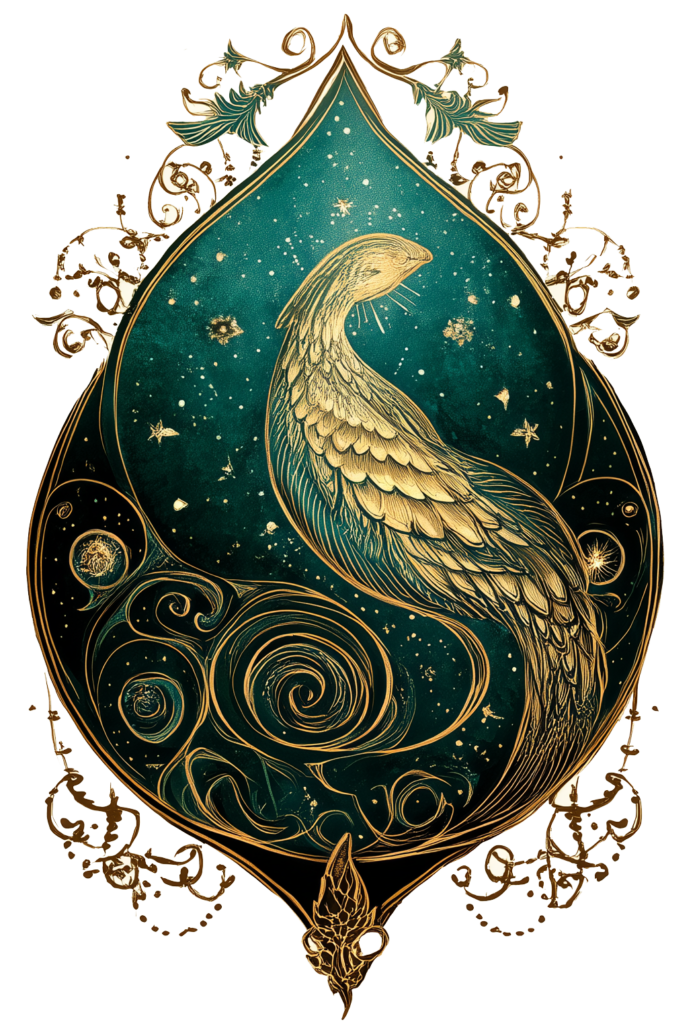 A golden bird with flowing feathers, resting in a gentle curve amid swirling cosmic motifs and floral accents. A symbol of inner wisdom, stillness, and soul reflection.