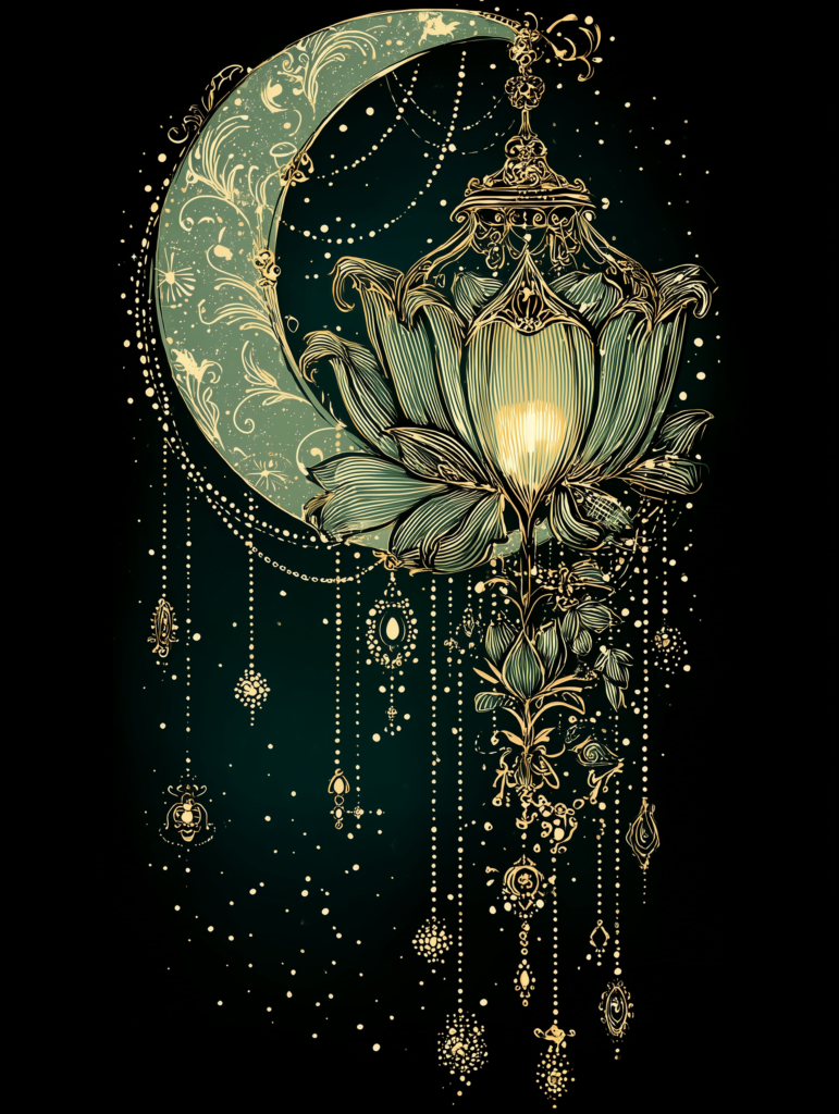 An ornate Art Nouveau-style lantern designed as a glowing lotus flower, suspended from a delicately patterned crescent moon. Gold filigree and botanical flourishes cascade from the lantern like celestial garlands, adorned with stars, pearls, and bead-like charms. The background is a deep, starlit teal, evoking a magical and ethereal atmosphere.