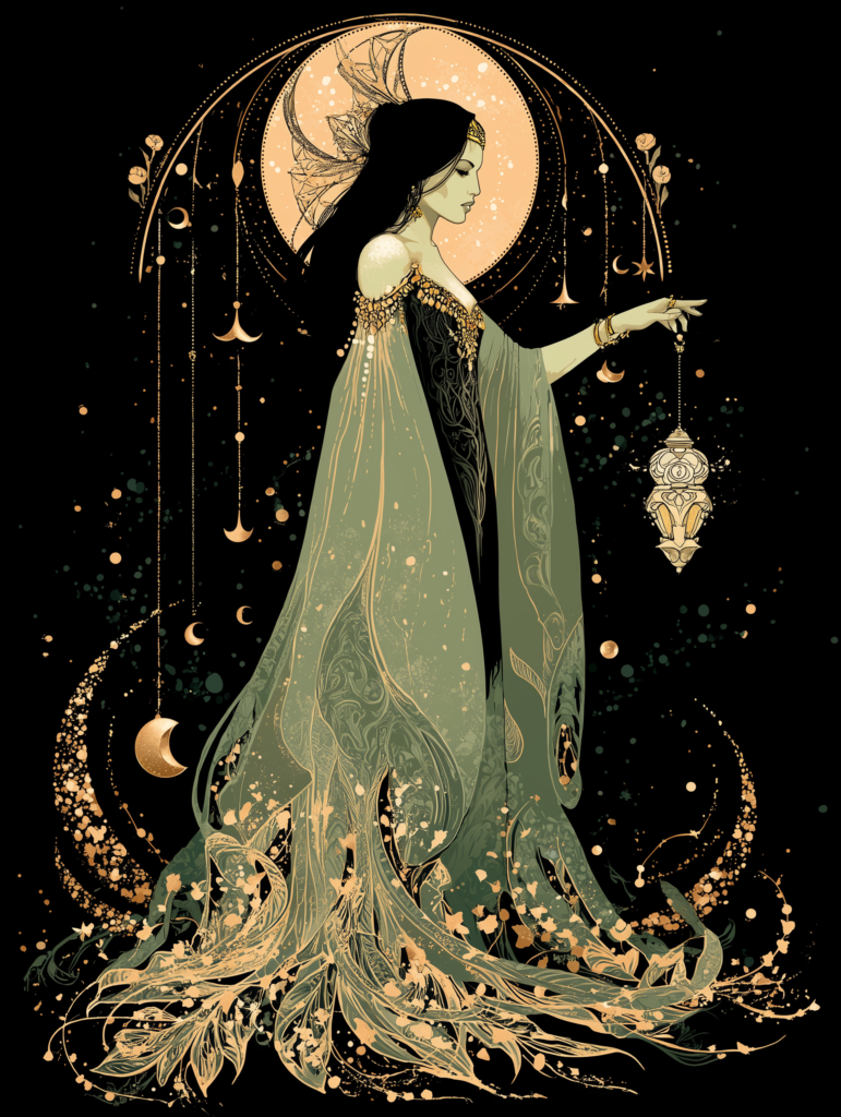 An ethereal woman in flowing Art Nouveau-style robes stands beneath a radiant full moon, holding a glowing lantern. Her gown, adorned with gold and floral motifs, trails into swirling vines and petals. Crescent moons and stars hang in delicate arcs around her, creating an aura of mystery, divine wisdom, and celestial grace.